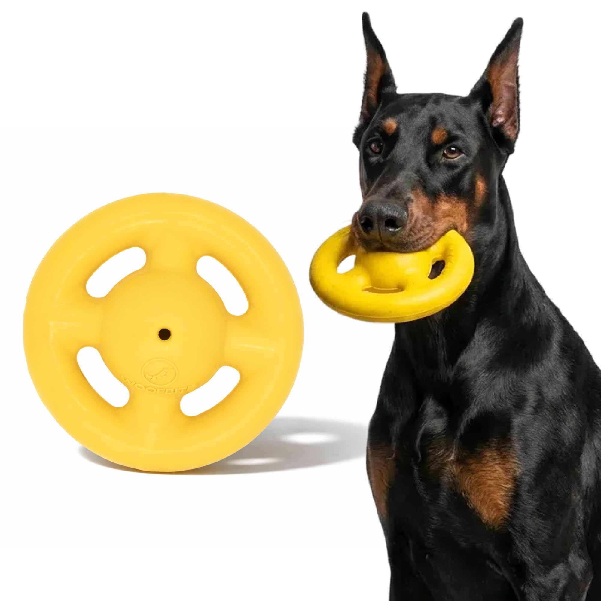 WoofBite Virtually Indestructible Orbit Dog Ball - Lifetime Replacement - Tough, Durable Chew Toy for Aggressive Chewers - Safe Non-Toxic Natural Rubber - Chew, Fetch, Puzzle - Med/Large, 6"x2.5"