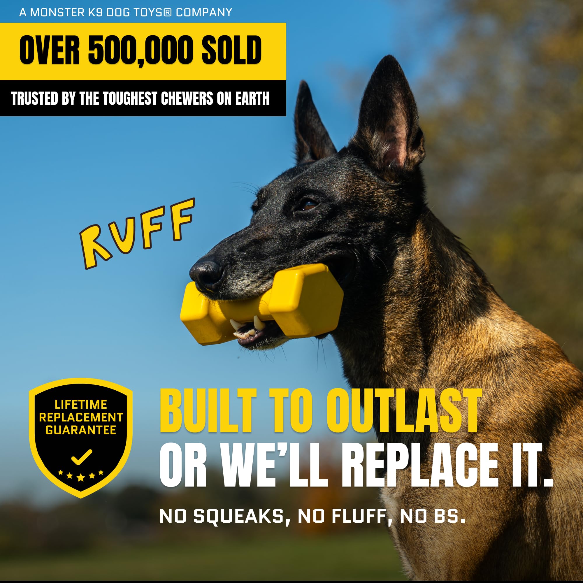 WoofBite Virtually Indestructible Dog Dumbbell - Lifetime Replacement - Tough, Durable Chew Toy for Aggressive Chewers - Safe Non-Toxic Natural Rubber - Chew, Tug, Fetch - Med/Large Breed - 7"x2.5"