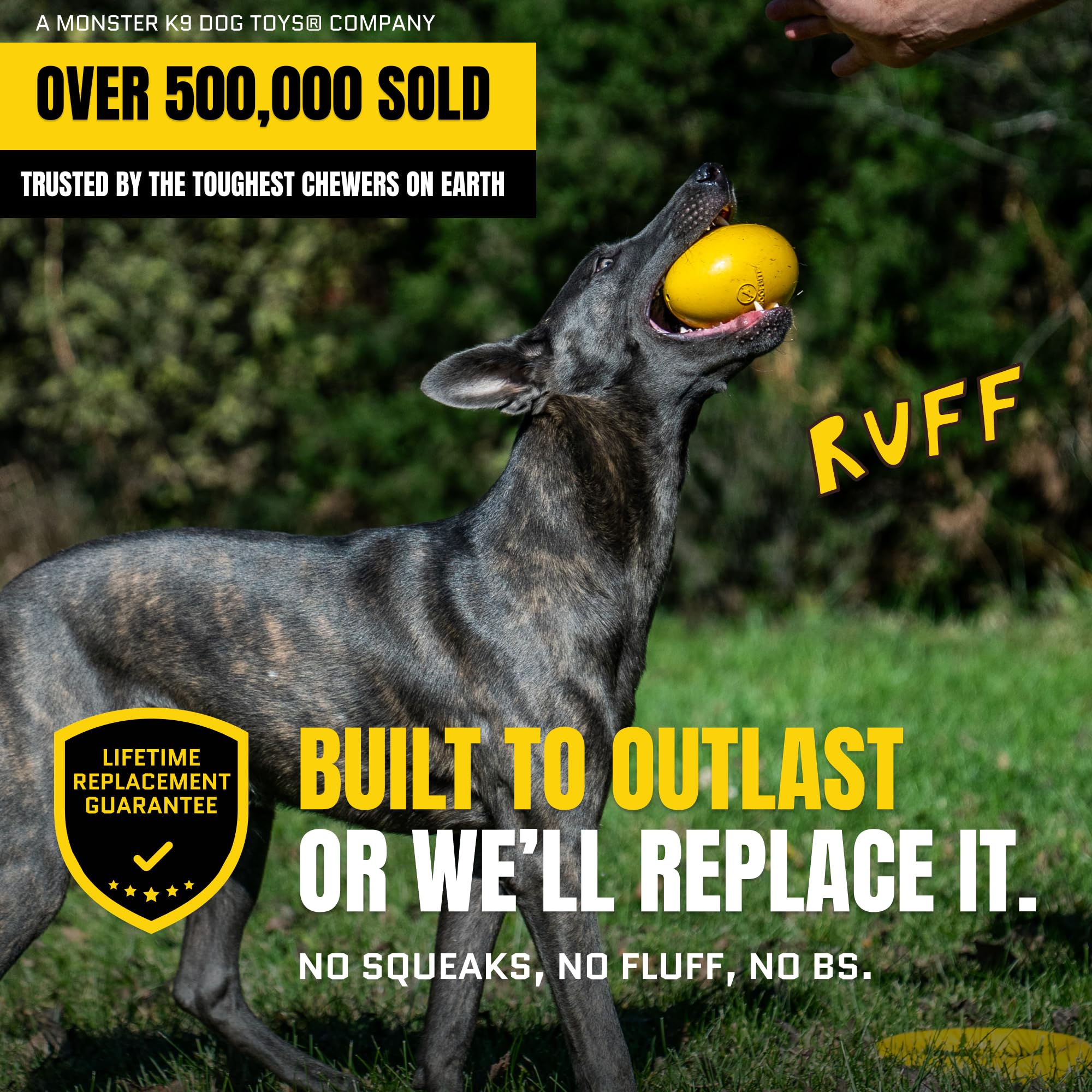 WoofBite Virtually Indestructible Wobble Chew Toy - Lifetime Replacement - Tough, Durable Ball for Aggressive Chewers - Safe Non-Toxic Natural Rubber - Chew, Treats, Fetch - Med/Large Breed - 5"x4"
