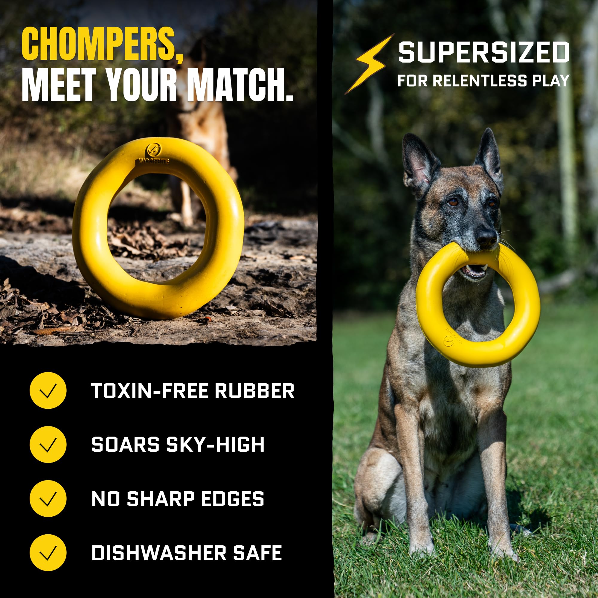 WoofBite Giant XL Virtually Indestructible Dog Ring - Lifetime Replacement - Tough, Durable Chew Toy for Aggressive Chewers - Safe Non-Toxic Natural Rubber - Chew, Tug, Fetch - Large - 9"x2", 2.25lbs - Monster K9 Dog Toys
