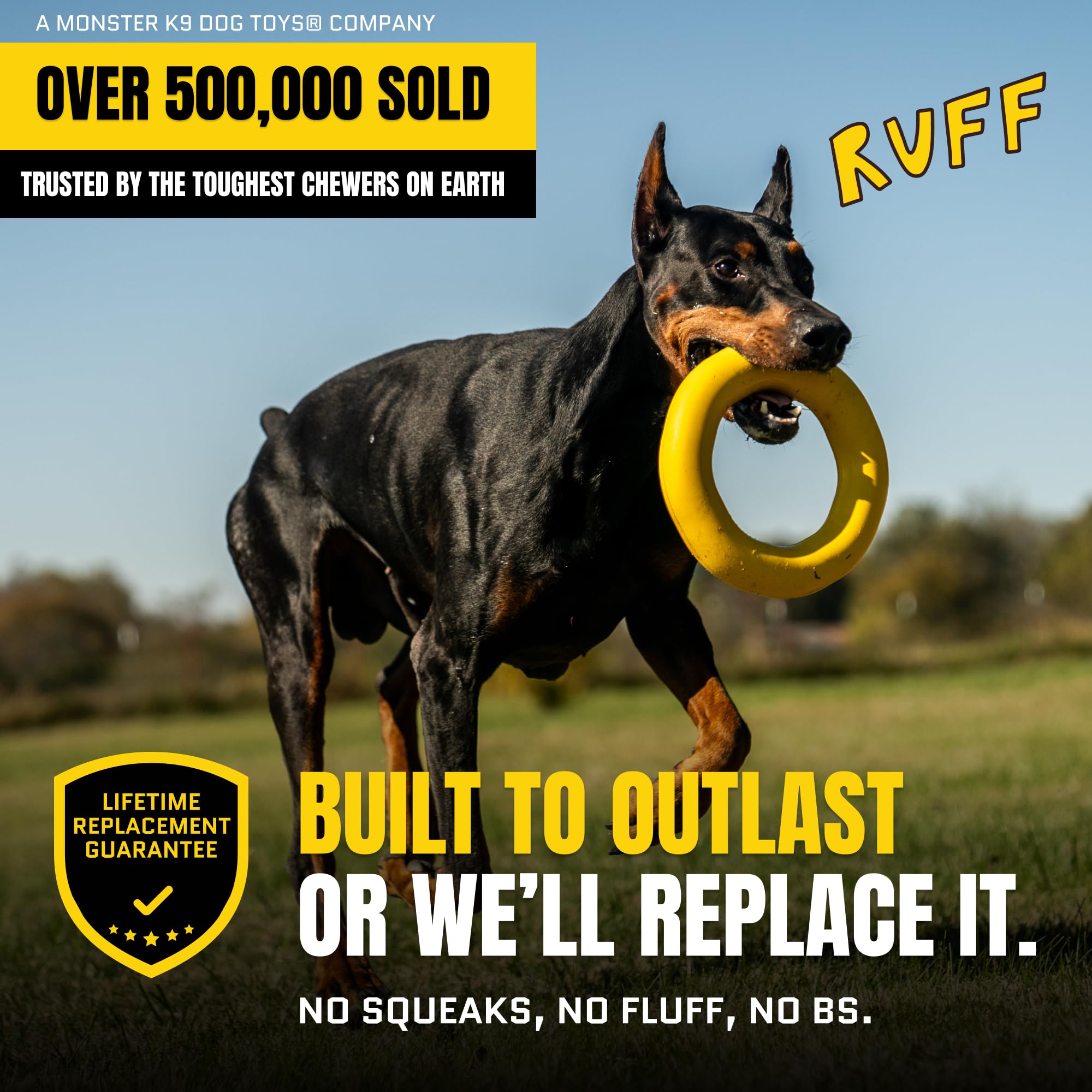 WoofBite Giant XL Virtually Indestructible Dog Ring - Lifetime Replacement - Tough, Durable Chew Toy for Aggressive Chewers - Safe Non-Toxic Natural Rubber - Chew, Tug, Fetch - Large - 9"x2", 2.25lbs - Monster K9 Dog Toys