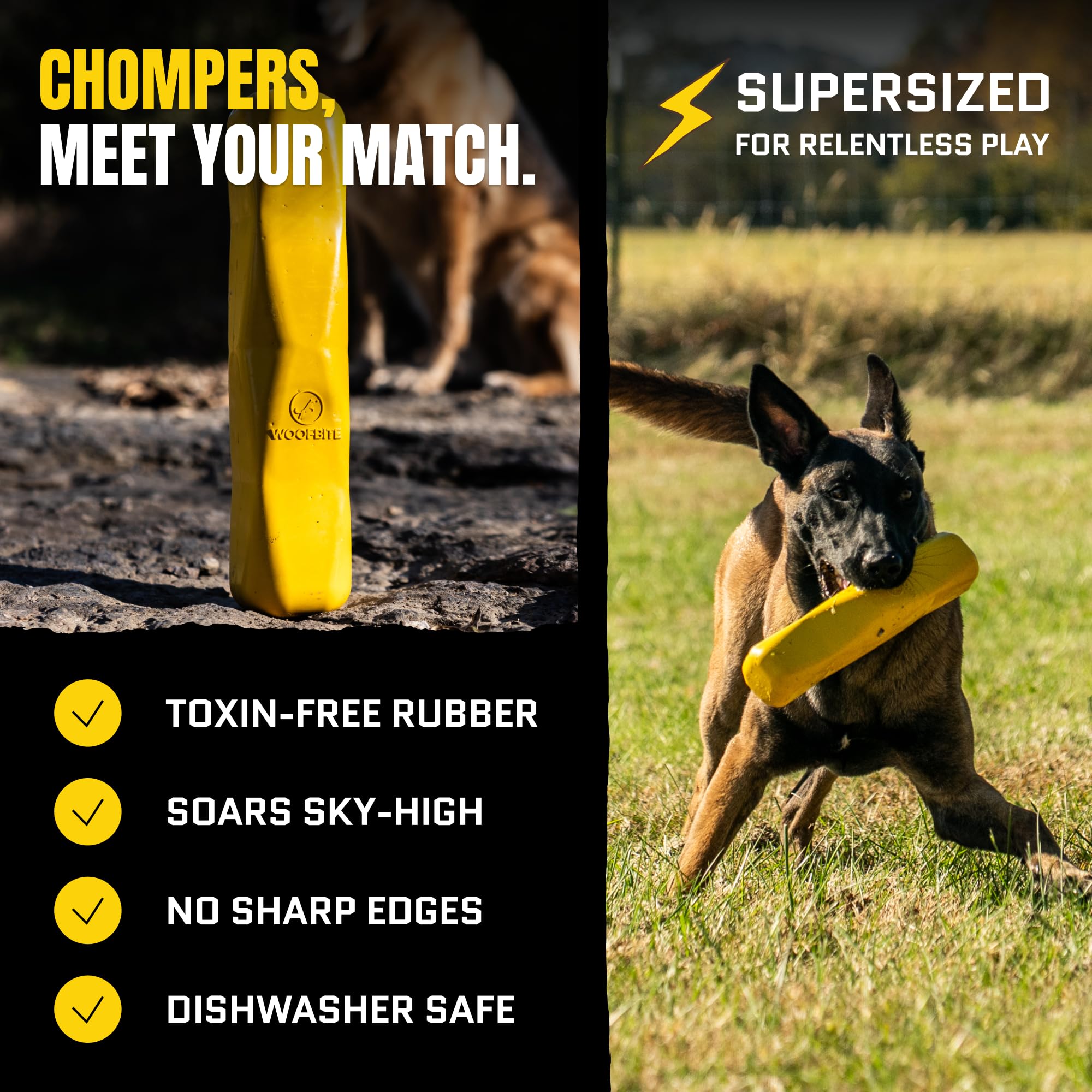 WoofBite Giant XL Virtually Indestructible Dog Stick - Lifetime Guaranteed - Tough, Durable Toy for Aggressive Chewers - Safe Non-Toxic Natural Rubber - Chew & Tug - Large - 12"x2.5", Heavy 2.25lbs - Monster K9 Dog Toys