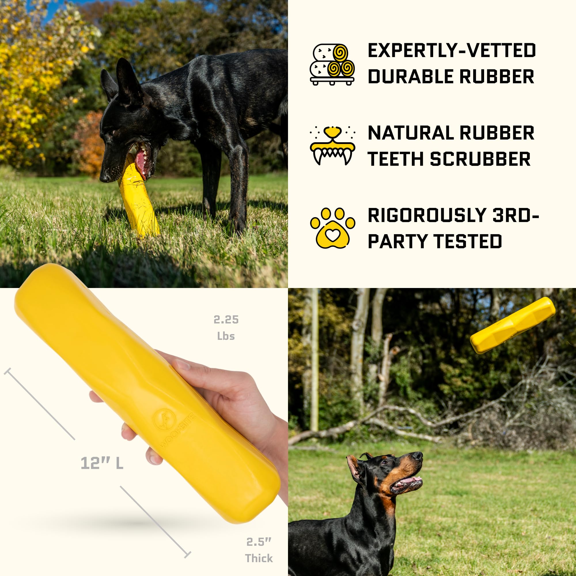 WoofBite Giant XL Virtually Indestructible Dog Stick - Lifetime Guaranteed - Tough, Durable Toy for Aggressive Chewers - Safe Non-Toxic Natural Rubber - Chew & Tug - Large - 12"x2.5", Heavy 2.25lbs - Monster K9 Dog Toys