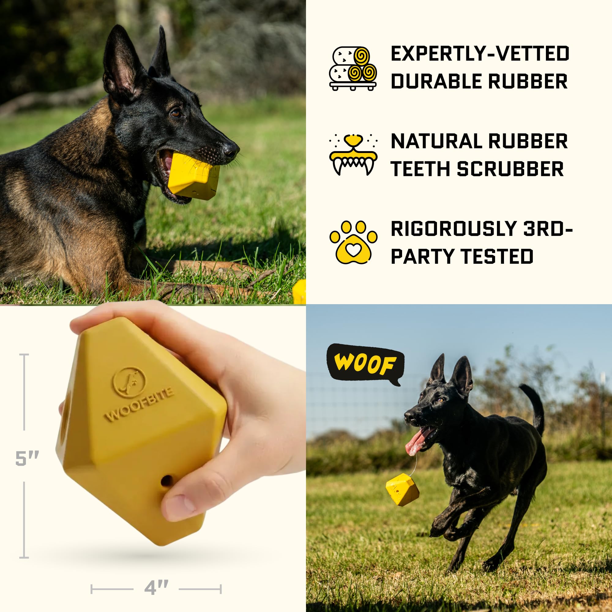 WoofBite Virtually Indestructible Diamond Dog Toy - Lifetime Replacement - Tough, Durable Chew Toy for Aggressive Chewers - Safe Non-Toxic Natural Rubber - Chew, Tug, Fetch - Med/Large Breed - 5"x4" - Monster K9 Dog Toys