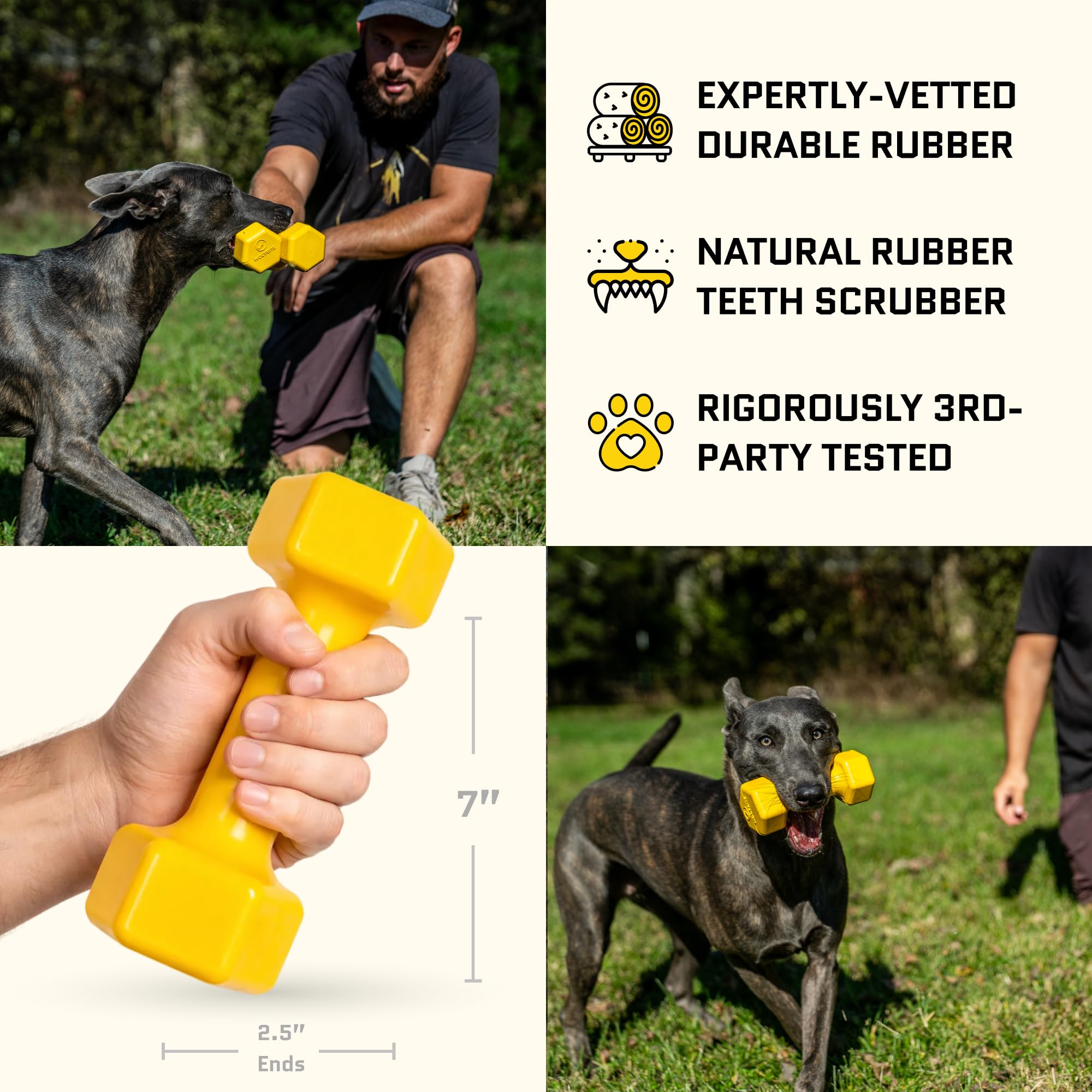 WoofBite Virtually Indestructible Dog Dumbbell - Lifetime Replacement - Tough, Durable Chew Toy for Aggressive Chewers - Safe Non-Toxic Natural Rubber - Chew, Tug, Fetch - Med/Large Breed - 7"x2.5" - Monster K9 Dog Toys