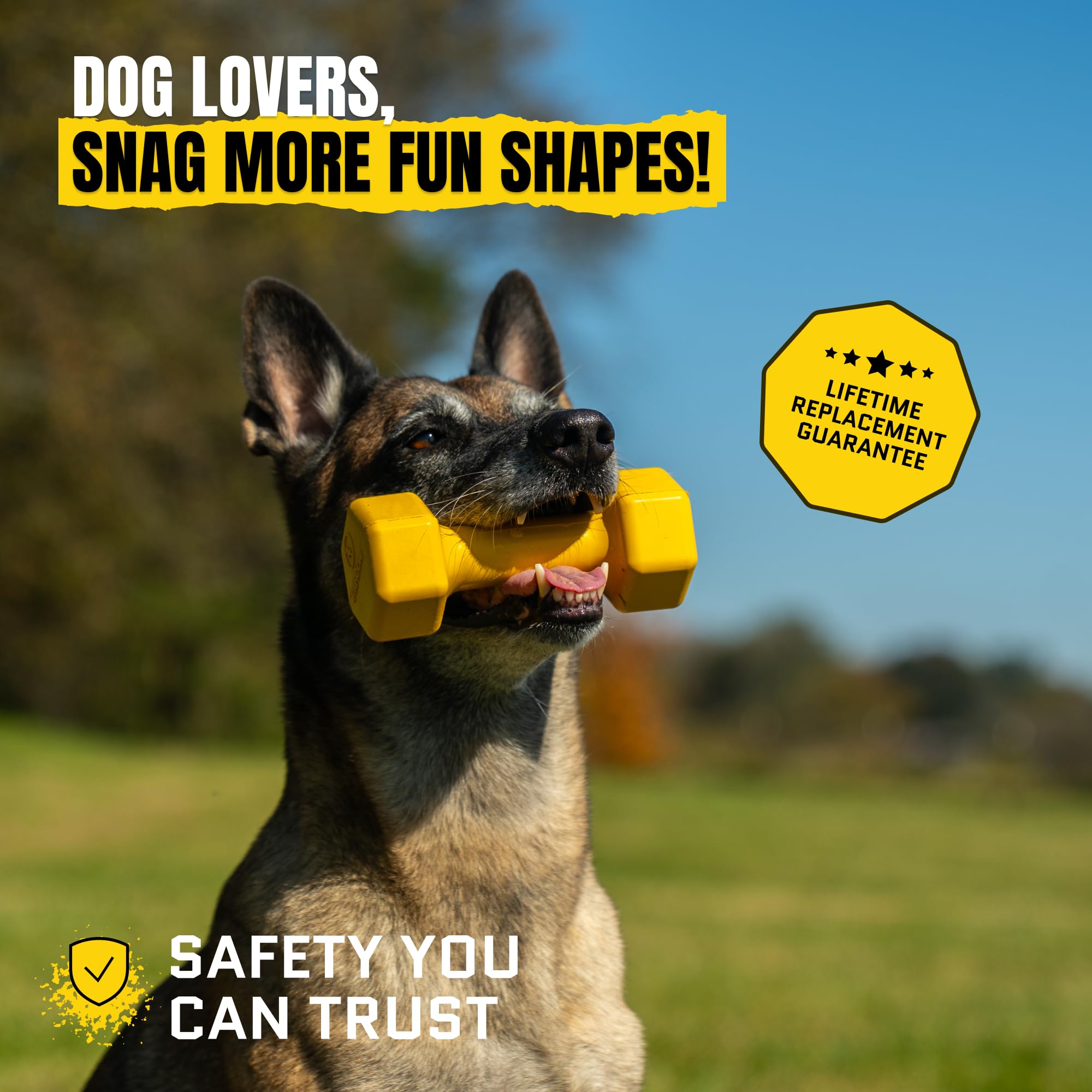 WoofBite Virtually Indestructible Dog Dumbbell - Lifetime Replacement - Tough, Durable Chew Toy for Aggressive Chewers - Safe Non-Toxic Natural Rubber - Chew, Tug, Fetch - Med/Large Breed - 7"x2.5" - Monster K9 Dog Toys