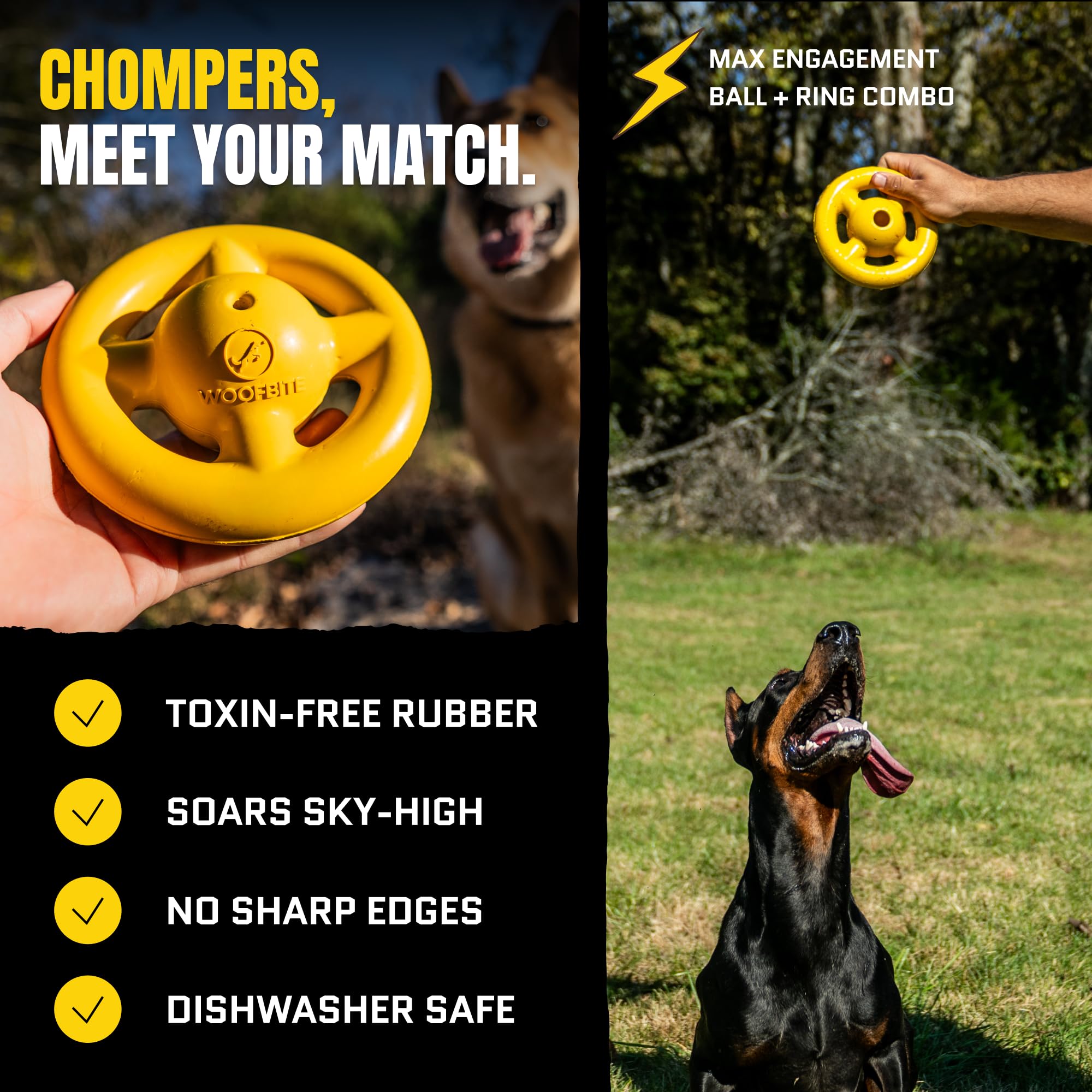 WoofBite Virtually Indestructible Orbit Dog Ball - Lifetime Replacement - Tough, Durable Chew Toy for Aggressive Chewers - Safe Non-Toxic Natural Rubber - Chew, Fetch, Puzzle - Med/Large, 6"x2.5" - Monster K9 Dog Toys