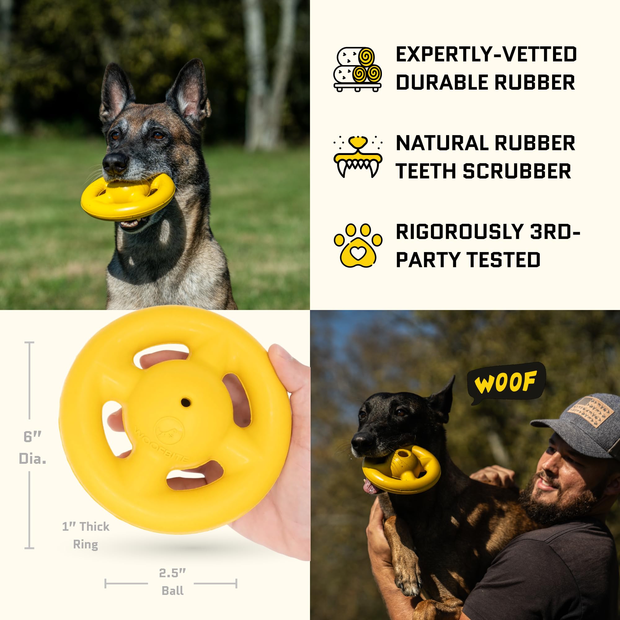 WoofBite Virtually Indestructible Orbit Dog Ball - Lifetime Replacement - Tough, Durable Chew Toy for Aggressive Chewers - Safe Non-Toxic Natural Rubber - Chew, Fetch, Puzzle - Med/Large, 6"x2.5" - Monster K9 Dog Toys