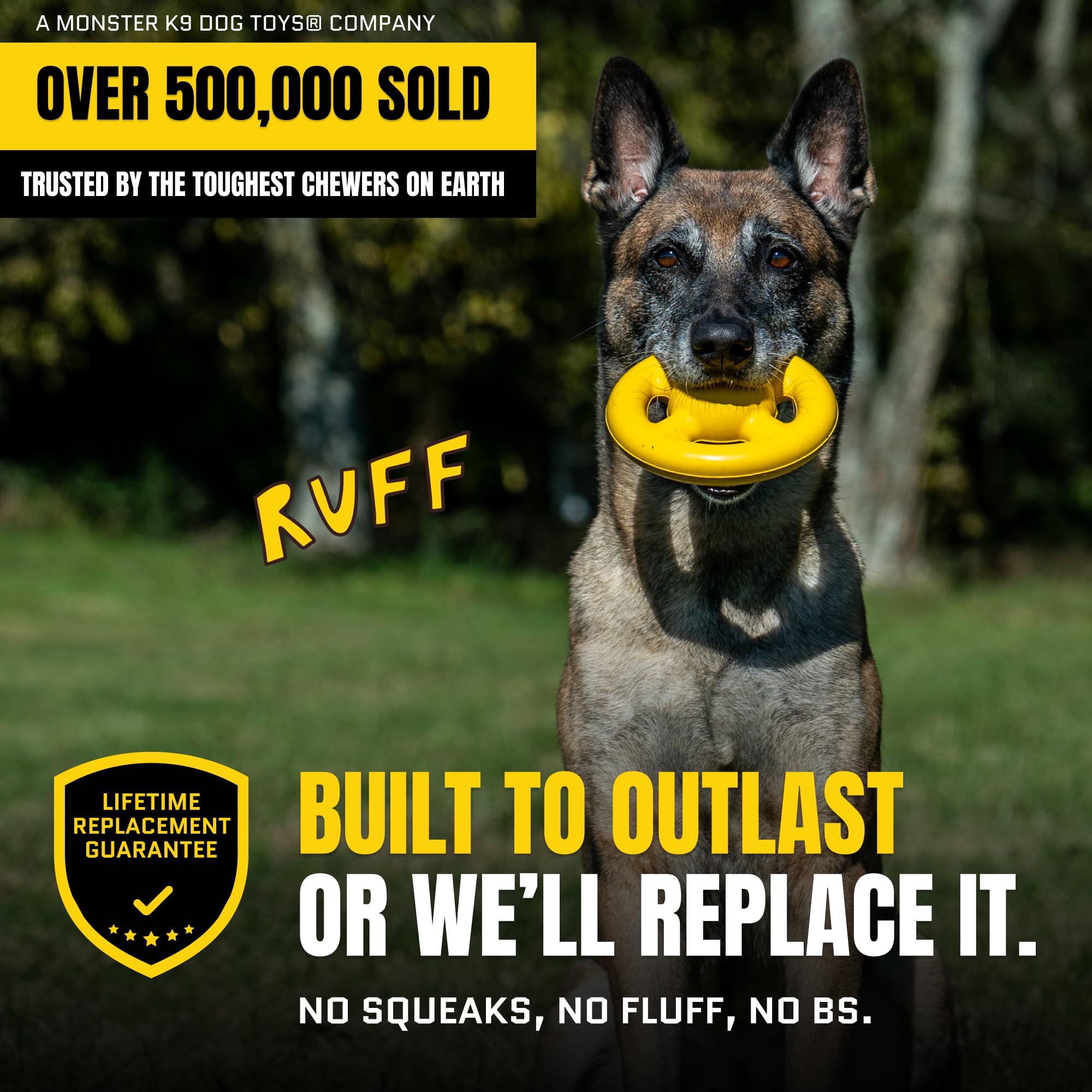 WoofBite Virtually Indestructible Orbit Dog Ball - Lifetime Replacement - Tough, Durable Chew Toy for Aggressive Chewers - Safe Non-Toxic Natural Rubber - Chew, Fetch, Puzzle - Med/Large, 6"x2.5" - Monster K9 Dog Toys