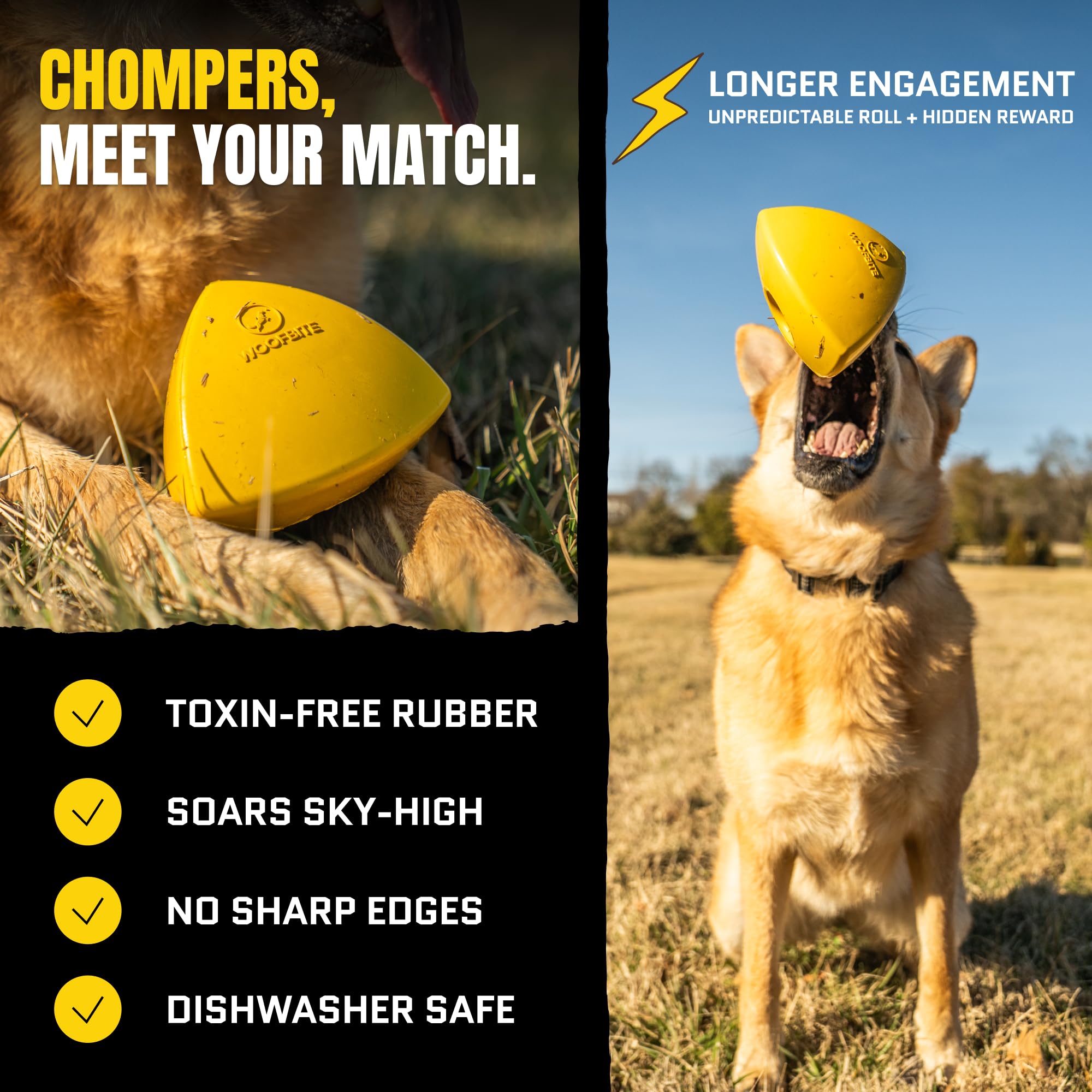 WoofBite Virtually Indestructible Pyramid Dog Toy - Lifetime Replacement - Tough, Durable Chew Toy for Aggressive Chewers - Safe Non-Toxic Natural Rubber - Chew, Tug, Fetch - Med/Large Breed - 5"x4" - Monster K9 Dog Toys