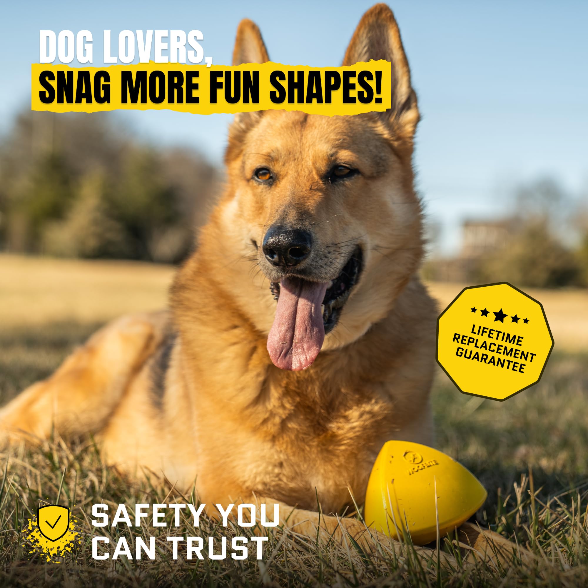 WoofBite Virtually Indestructible Pyramid Dog Toy - Lifetime Replacement - Tough, Durable Chew Toy for Aggressive Chewers - Safe Non-Toxic Natural Rubber - Chew, Tug, Fetch - Med/Large Breed - 5"x4" - Monster K9 Dog Toys