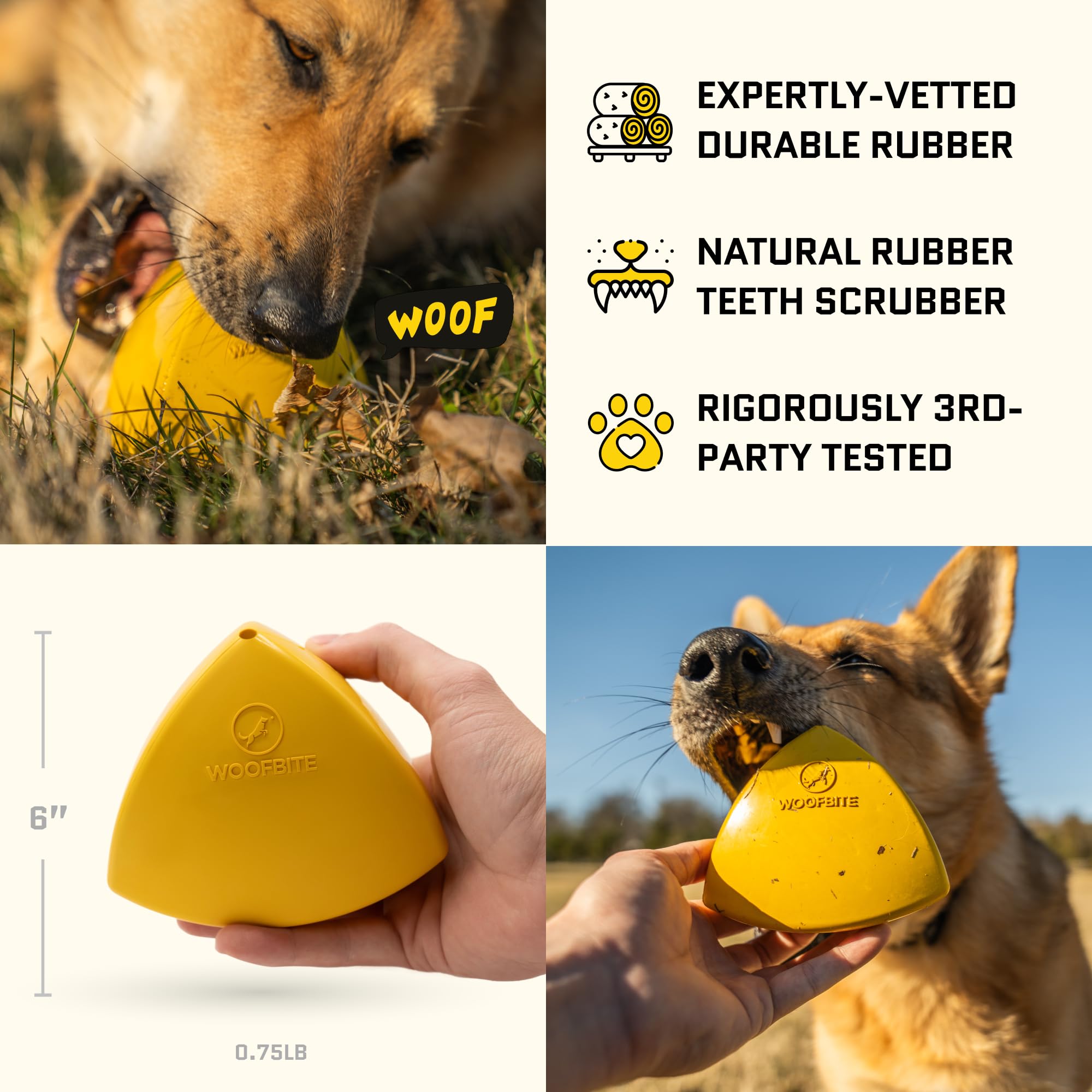 WoofBite Virtually Indestructible Pyramid Dog Toy - Lifetime Replacement - Tough, Durable Chew Toy for Aggressive Chewers - Safe Non-Toxic Natural Rubber - Chew, Tug, Fetch - Med/Large Breed - 5"x4" - Monster K9 Dog Toys