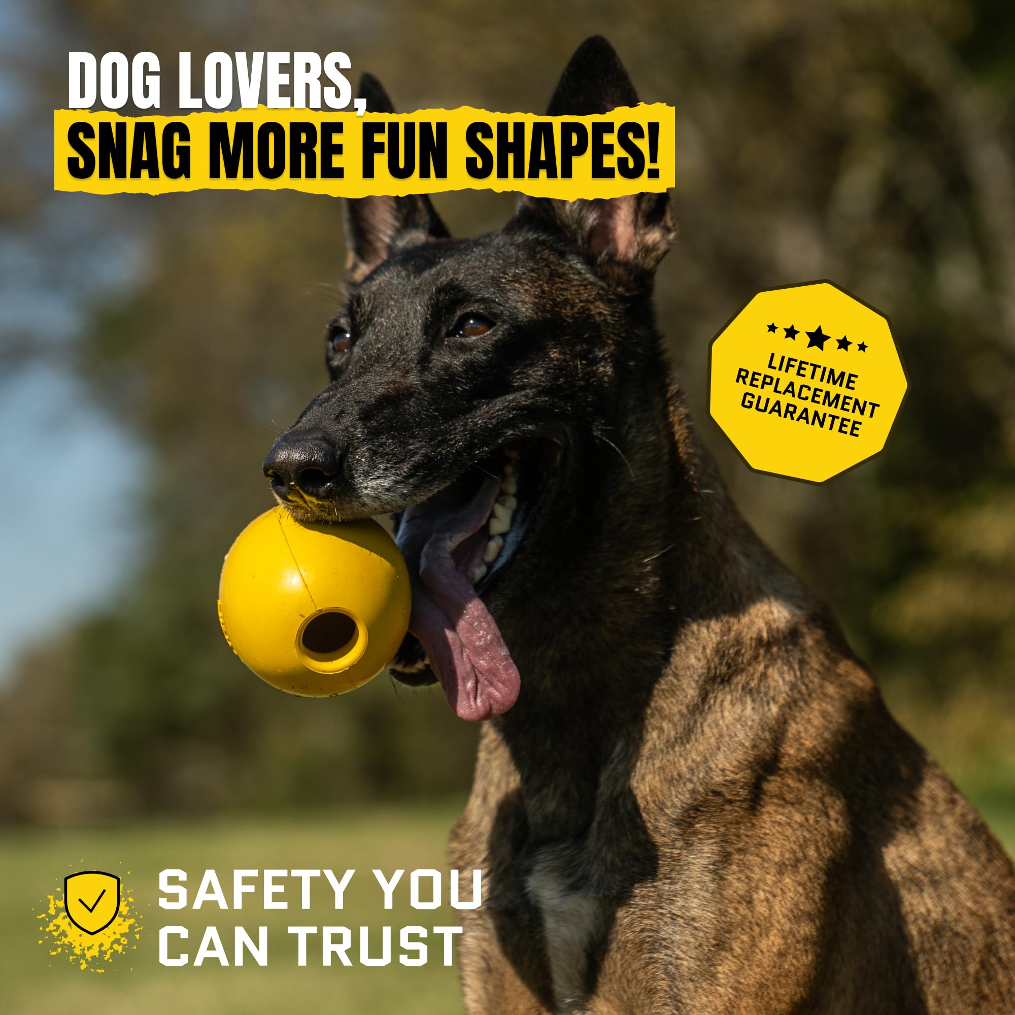WoofBite Virtually Indestructible Wobble Chew Toy - Lifetime Replacement - Tough, Durable Ball for Aggressive Chewers - Safe Non-Toxic Natural Rubber - Chew, Treats, Fetch - Med/Large Breed - 5"x4" - Monster K9 Dog Toys